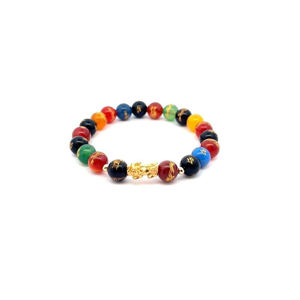 18K Gold Dragon Pixiu Piyao Lucky Charm Beads Bracelet Gemstones Agate Multicolo